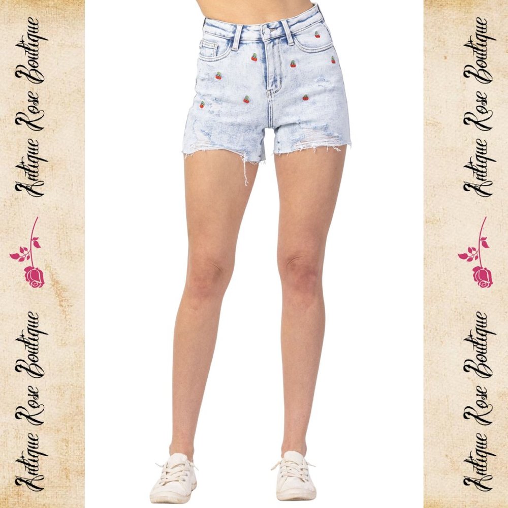 🌹 Judy Blue Cherry Embroidery Acid Wash High Rise Cutoff Shorts EUC